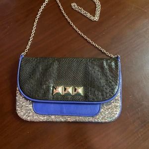 Beautiful Blue, black and Sliver purse / clutch with long crossbody Chain strap